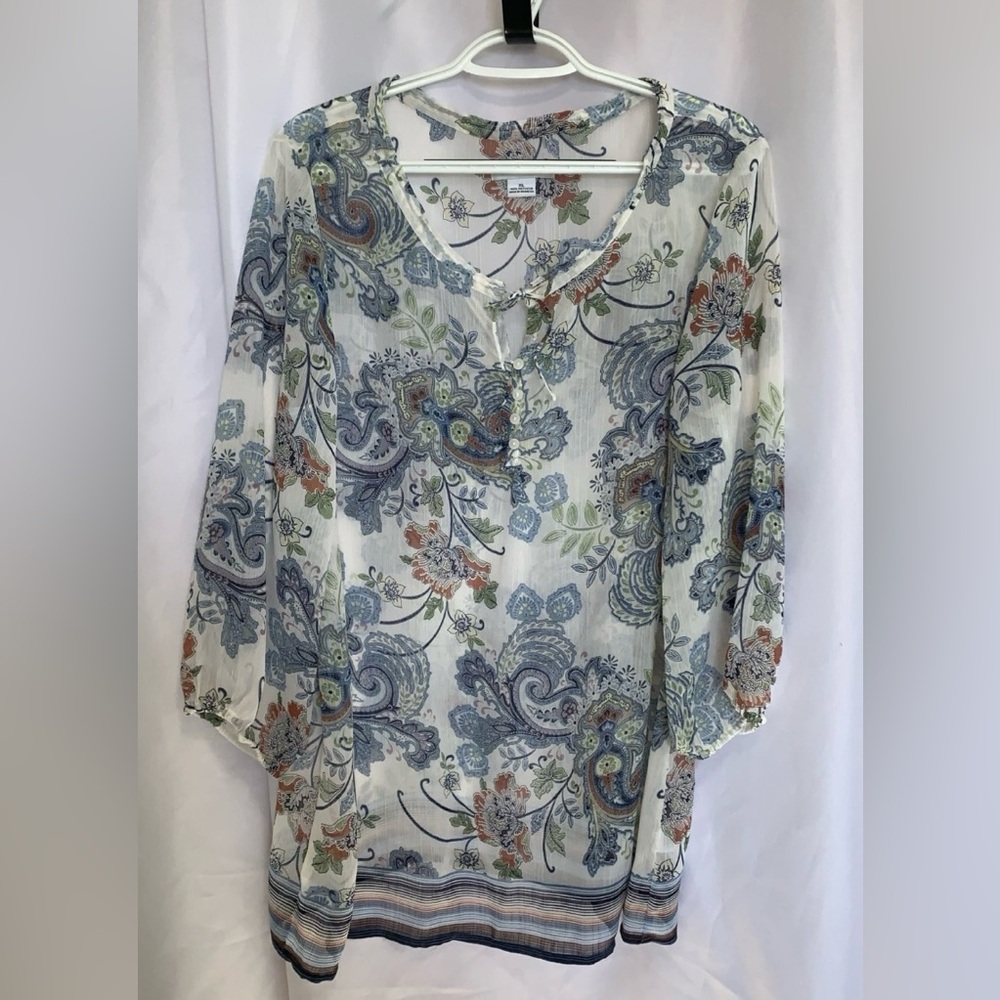 Liz Claiborne Boho Style Multicolor Sheer Paisley Blouse XL 3/4 length sleeve